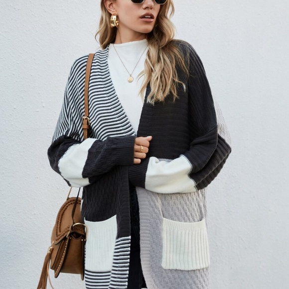 Oversized loose color block striped open cardigan - Picture 4 of 7